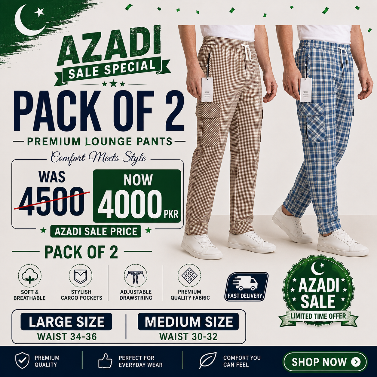 14 August Azadi Deal — Pack of 2 Men's Premium Check Cargo Trousers | Mix and Match | COD