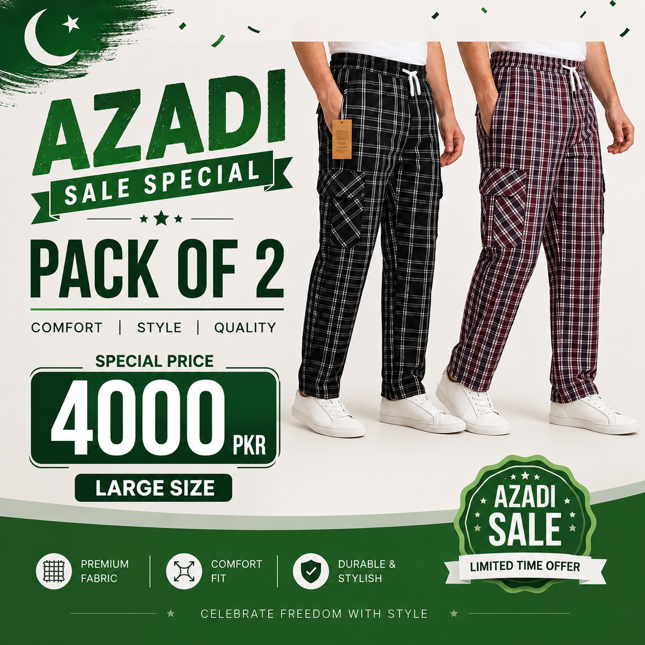 Pack of 2 Men's Premium Check Cargo Trousers Pakistan — Mix &amp; Match Colors | COD Available