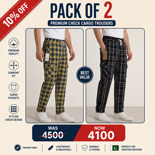 Men's Premium Check Cargo Trousers – Pack of 2 | Cotton Casual Pants