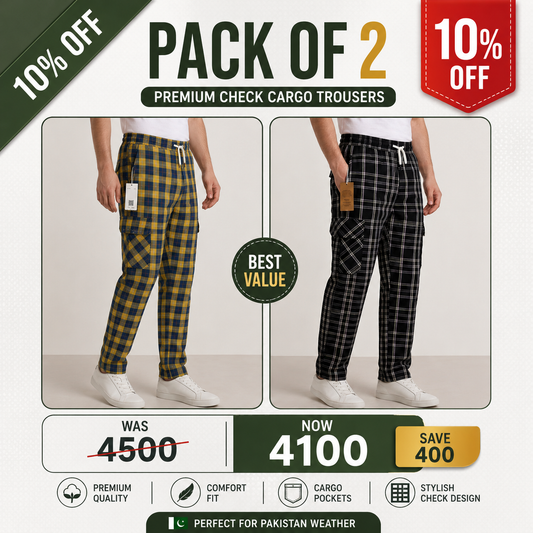 Pack of 2 Men's Premium Check Cargo Trousers Pakistan — Mix &amp; Match Colors | COD Available