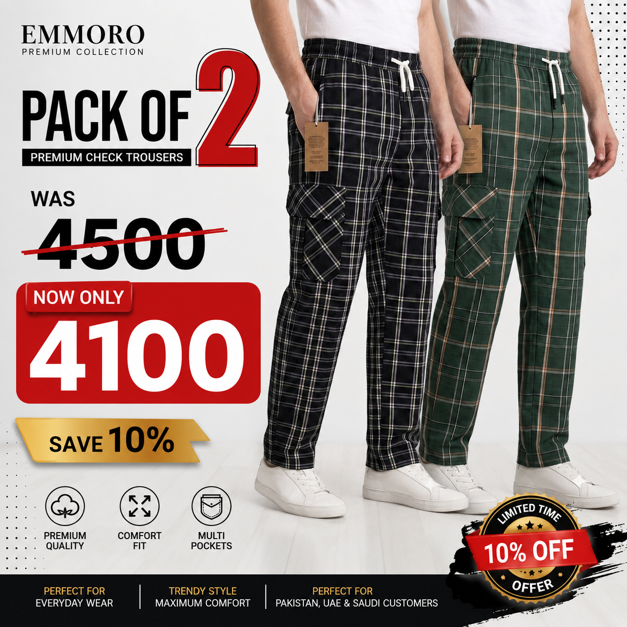 Emmoro Men's Premium Check Trousers – Pack of 2 | Black & Green Check