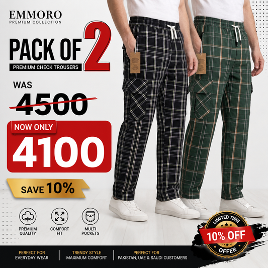 Emmoro Men's Premium Check Trousers – Pack of 2 | Black & Green Check