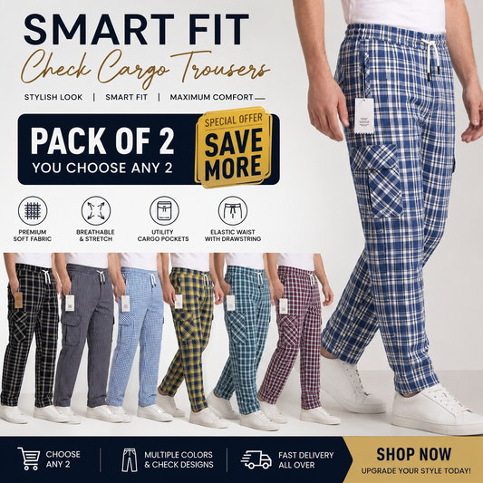 Pack of 2 Men's Premium Check Cargo Trousers Pakistan — 10% OFF | WAS ₨4,500 NOW ₨4,100 | Mix & Match Colors | COD Available