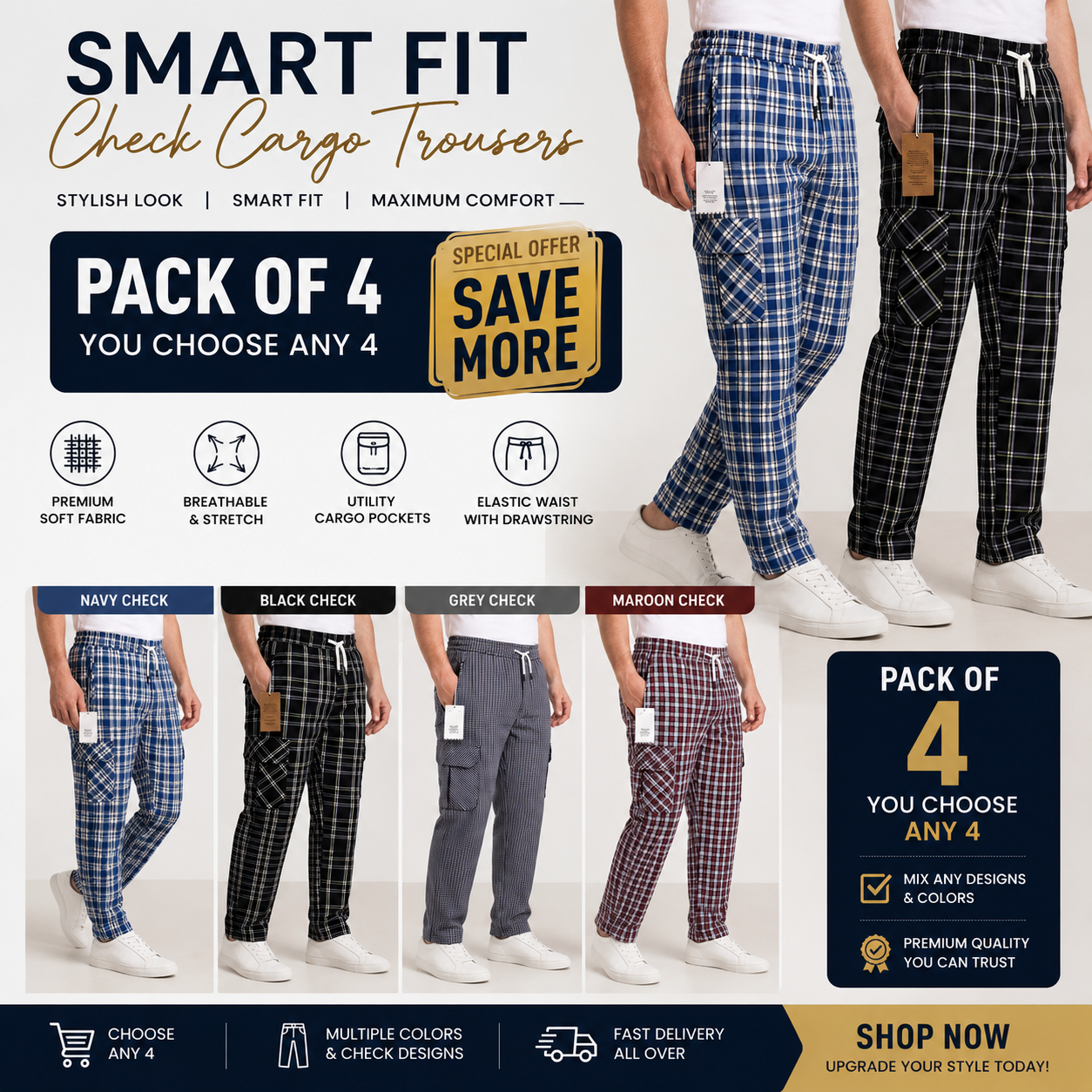 Emmoro Pack of 4 Check Cargo Trousers Pakistan – Bundle Deal