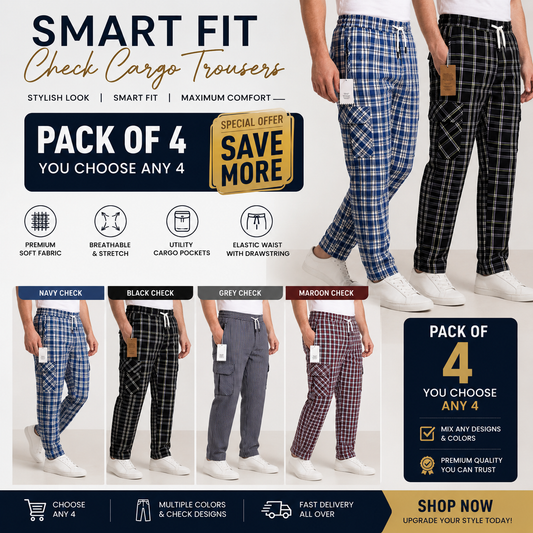 Emmoro Pack of 4 Check Cargo Trousers Pakistan – Bundle Deal