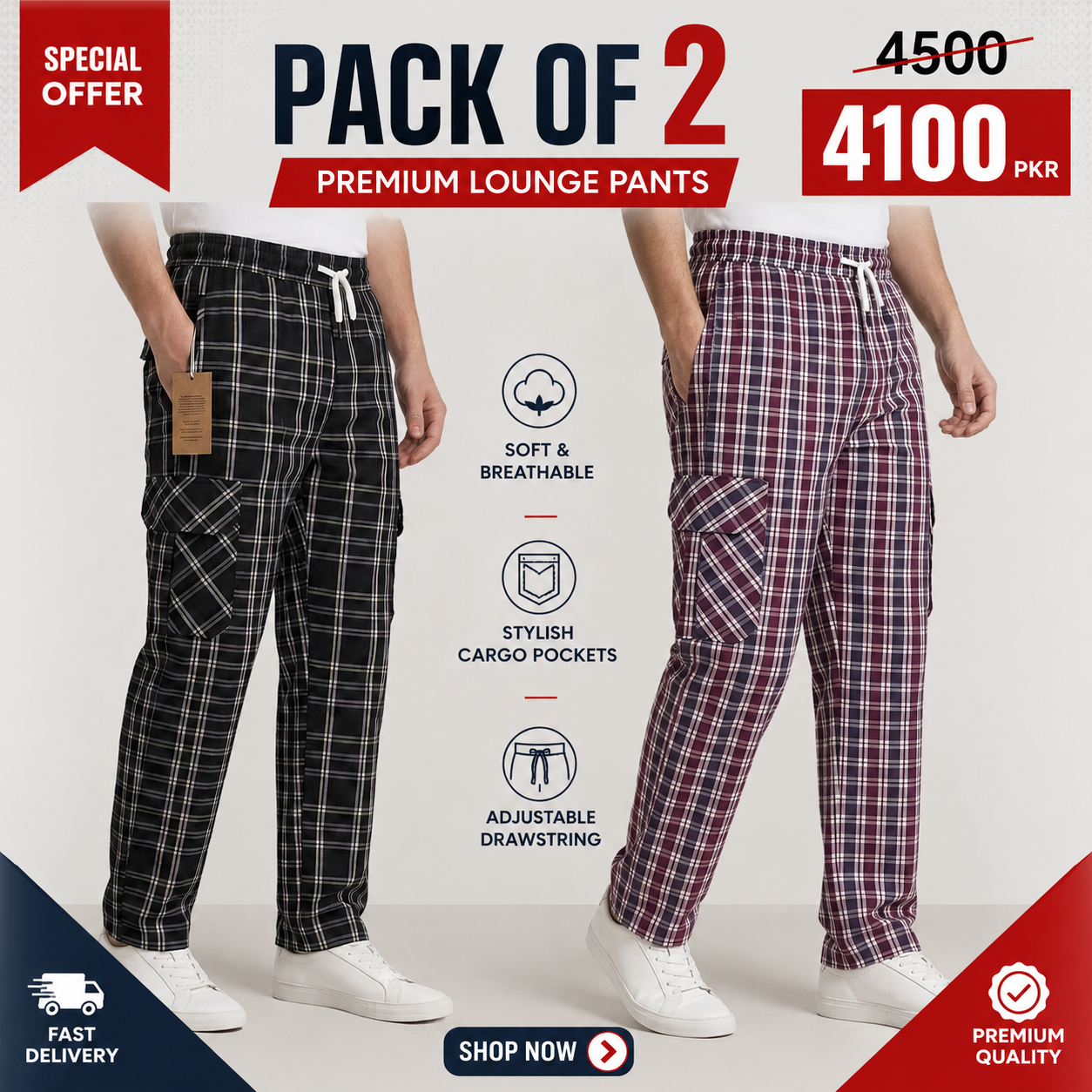 Emmoro Pack of 2 Check Cargo Trousers Pakistan – Mix Match Colors