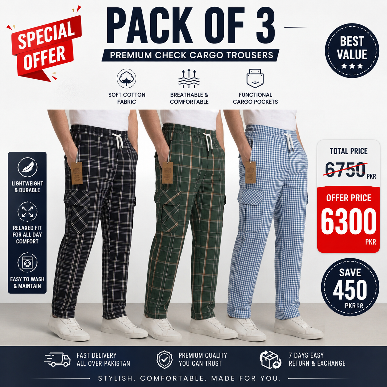 Emmoro Pack of 3 Check Cargo Trousers Pakistan – Best Value