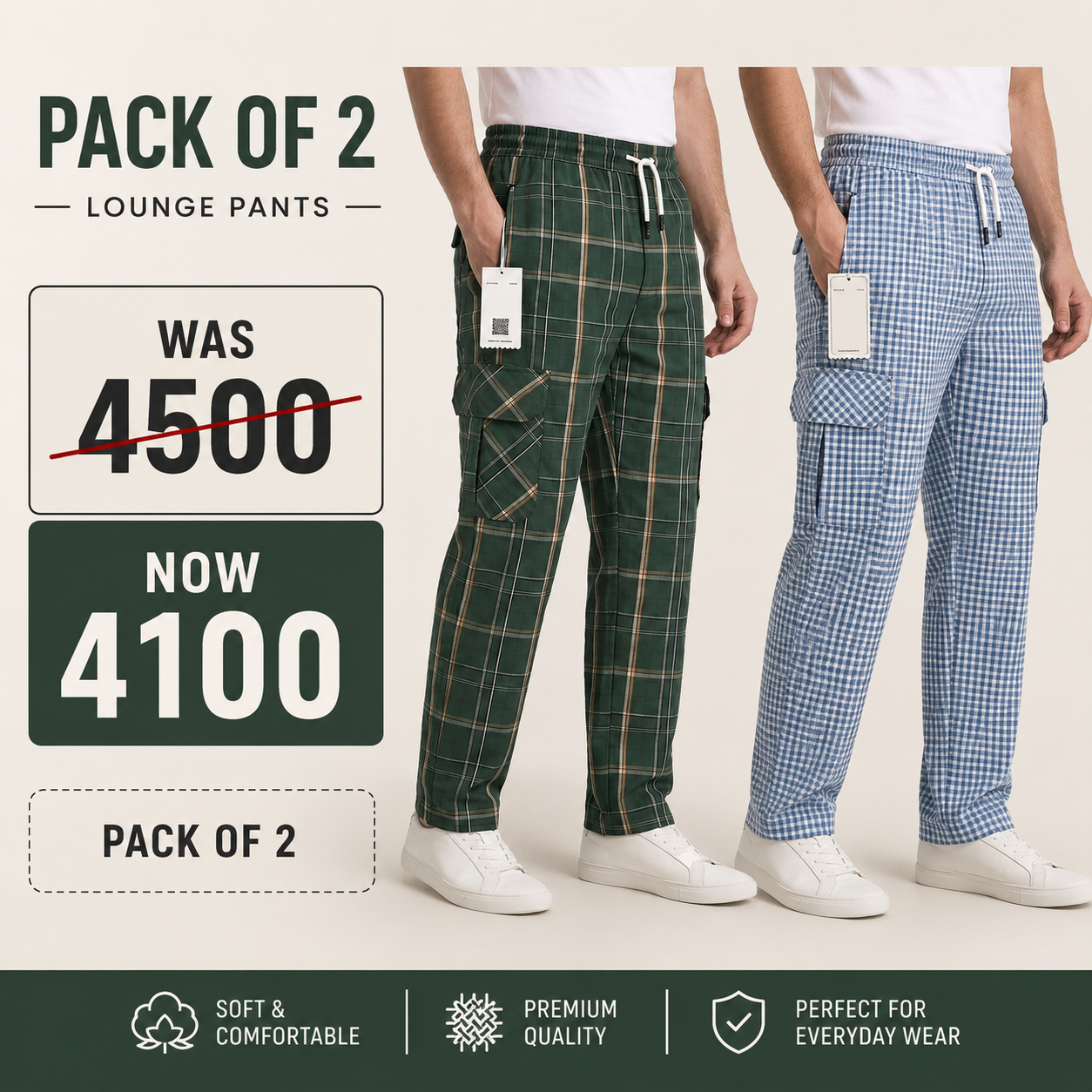 Pack of 2 Men's Premium Cargo Lounge Trousers – Olive Green & Blue | Soft Cotton