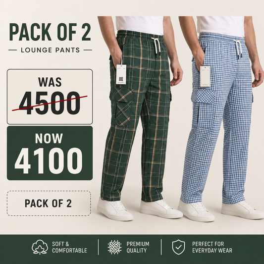 Pack of 2 Men's Premium Cargo Lounge Trousers – Olive Green & Blue | Soft Cotton