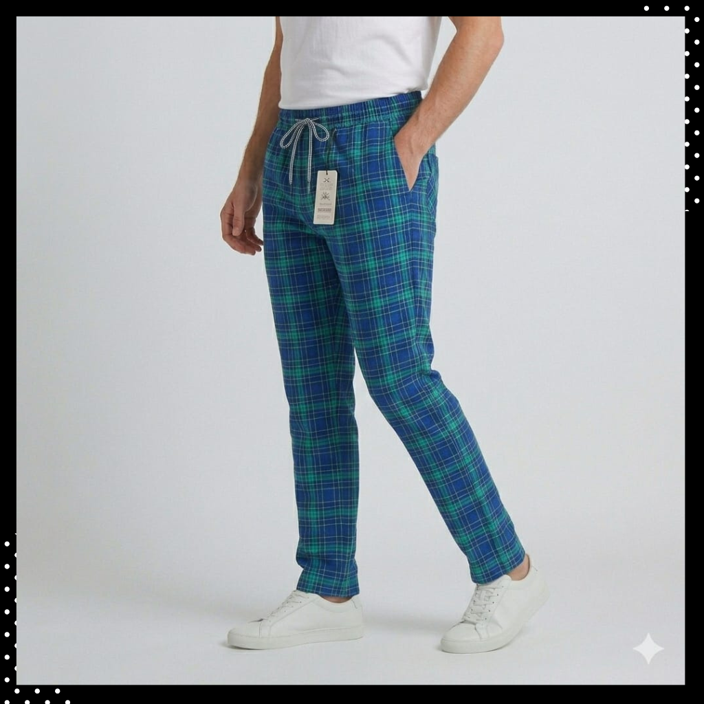 Men’s Blue Check Trousers – Slim Fit Cotton Style