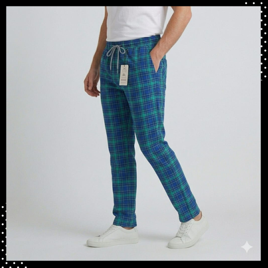 Men’s Blue Check Trousers – Slim Fit Cotton Style