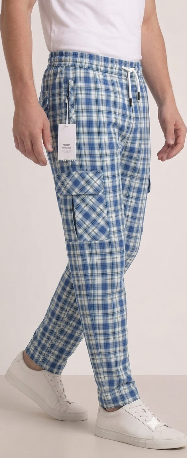 Men's Smart Fit Blue Check Cargo Trousers – Premium Cotton Slim Fit Emmoro