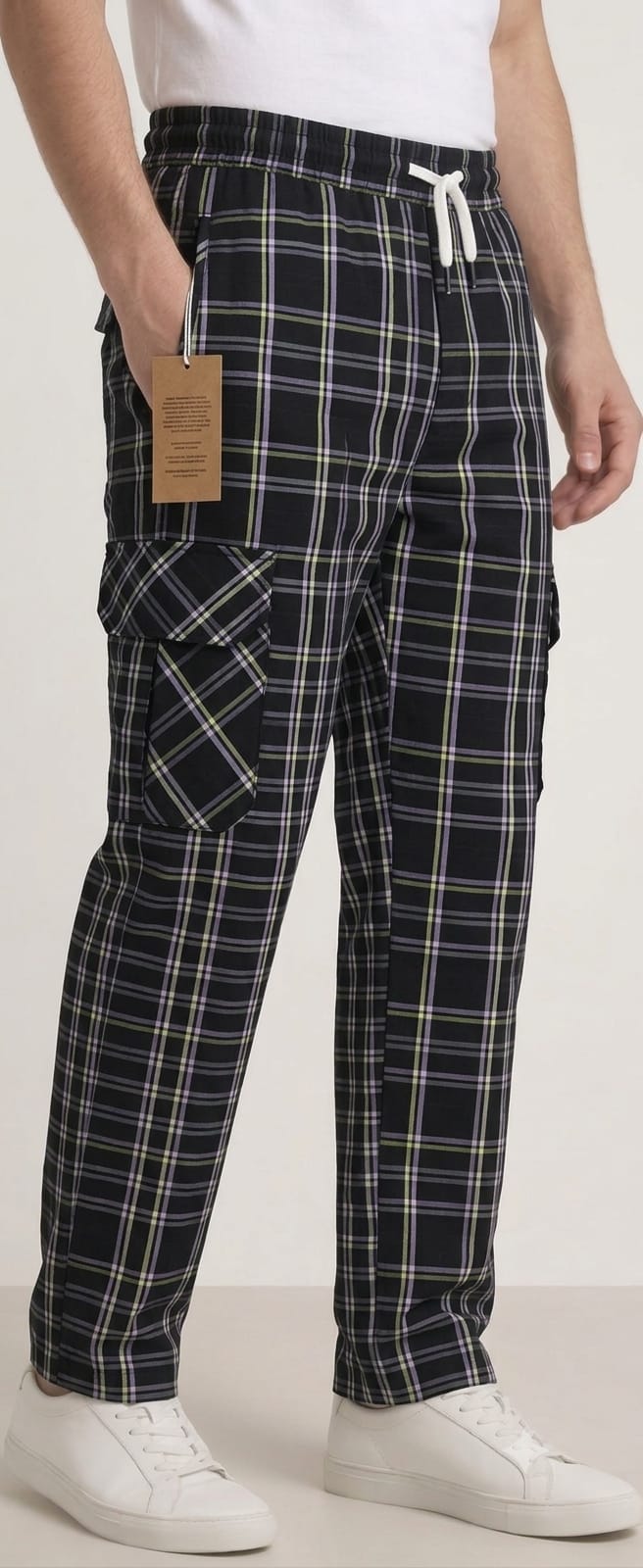 Men's Smart Fit Black Check Cargo Trousers – Premium Cotton Slim Fit