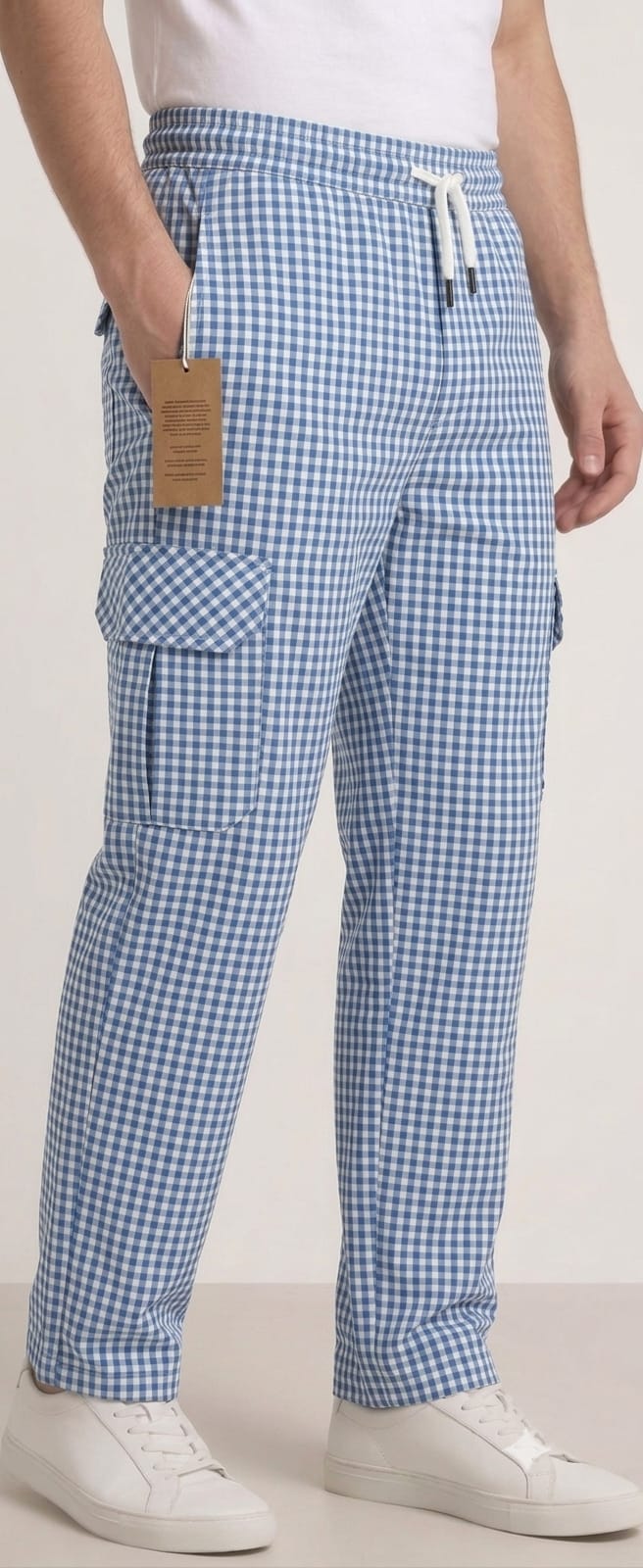 Men's Smart Fit Blue Check Cargo Trousers – Premium Cotton Slim Fit