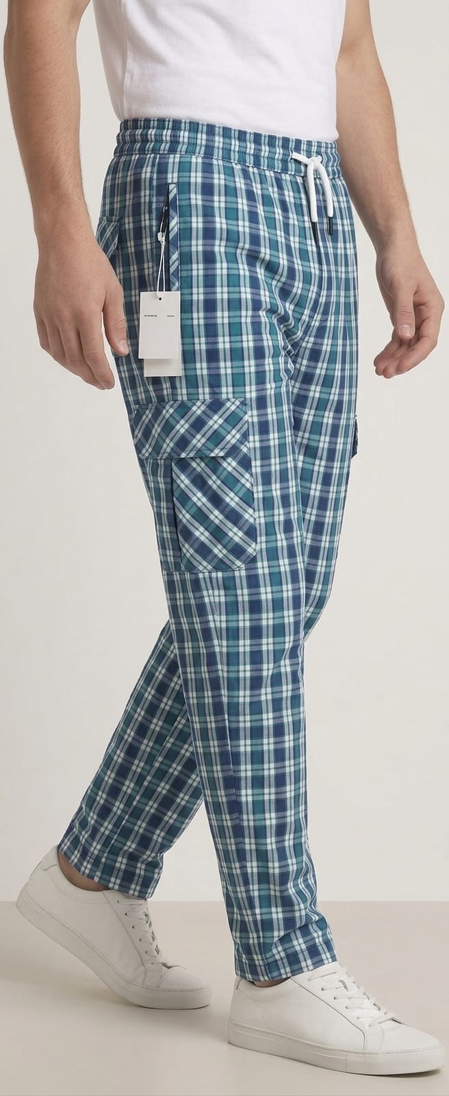 Men's Smart Fit Navy Check Cargo Trousers – Premium Cotton Slim Fit