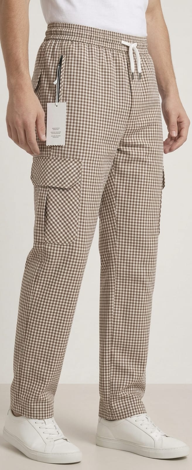 Men's Smart Fit Beige Check Cargo Trousers – Premium Cotton Slim Fit