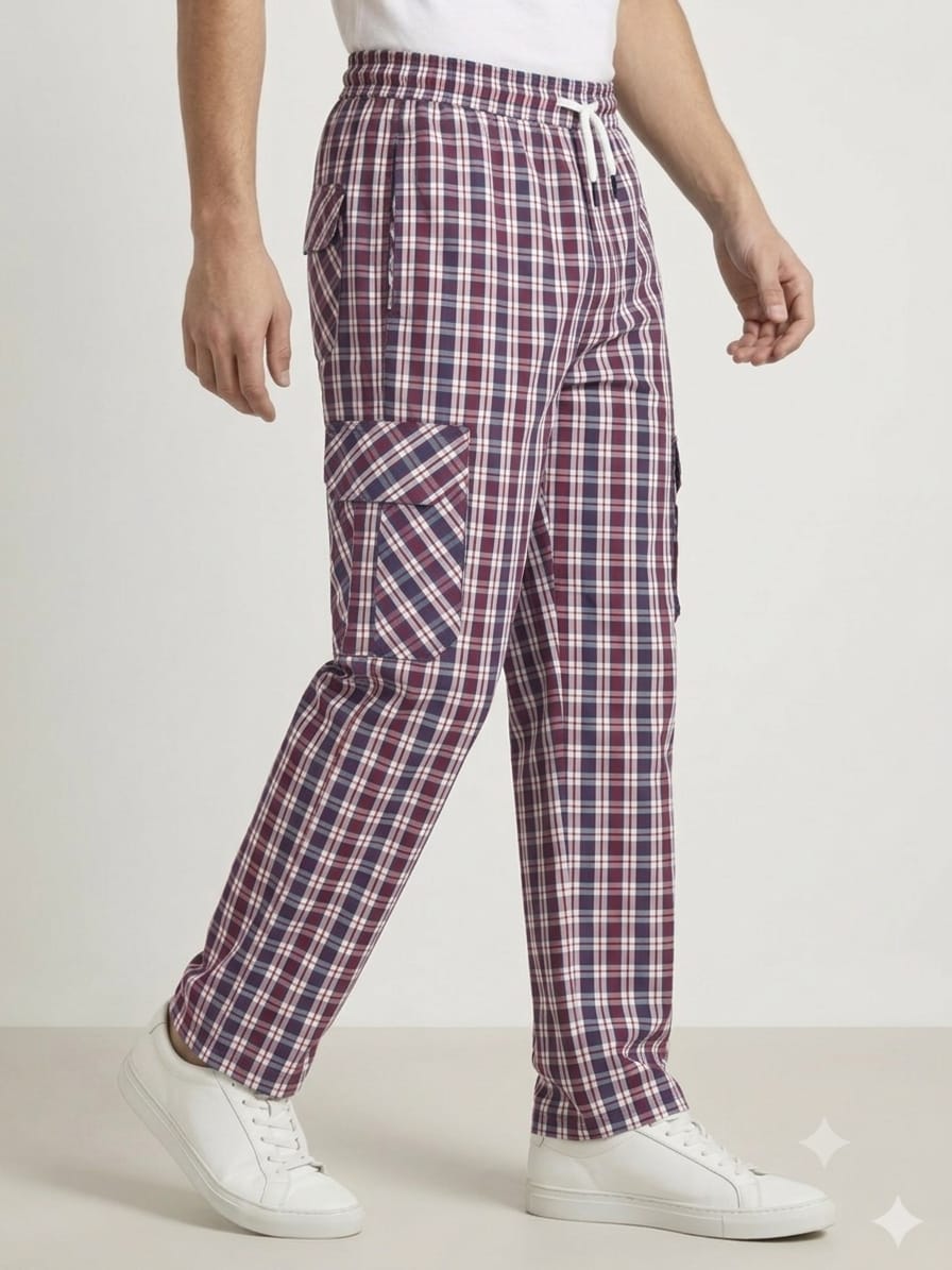 Men's Smart Fit Plaid Check Cargo Trousers – Premium Cotton Slim Fit