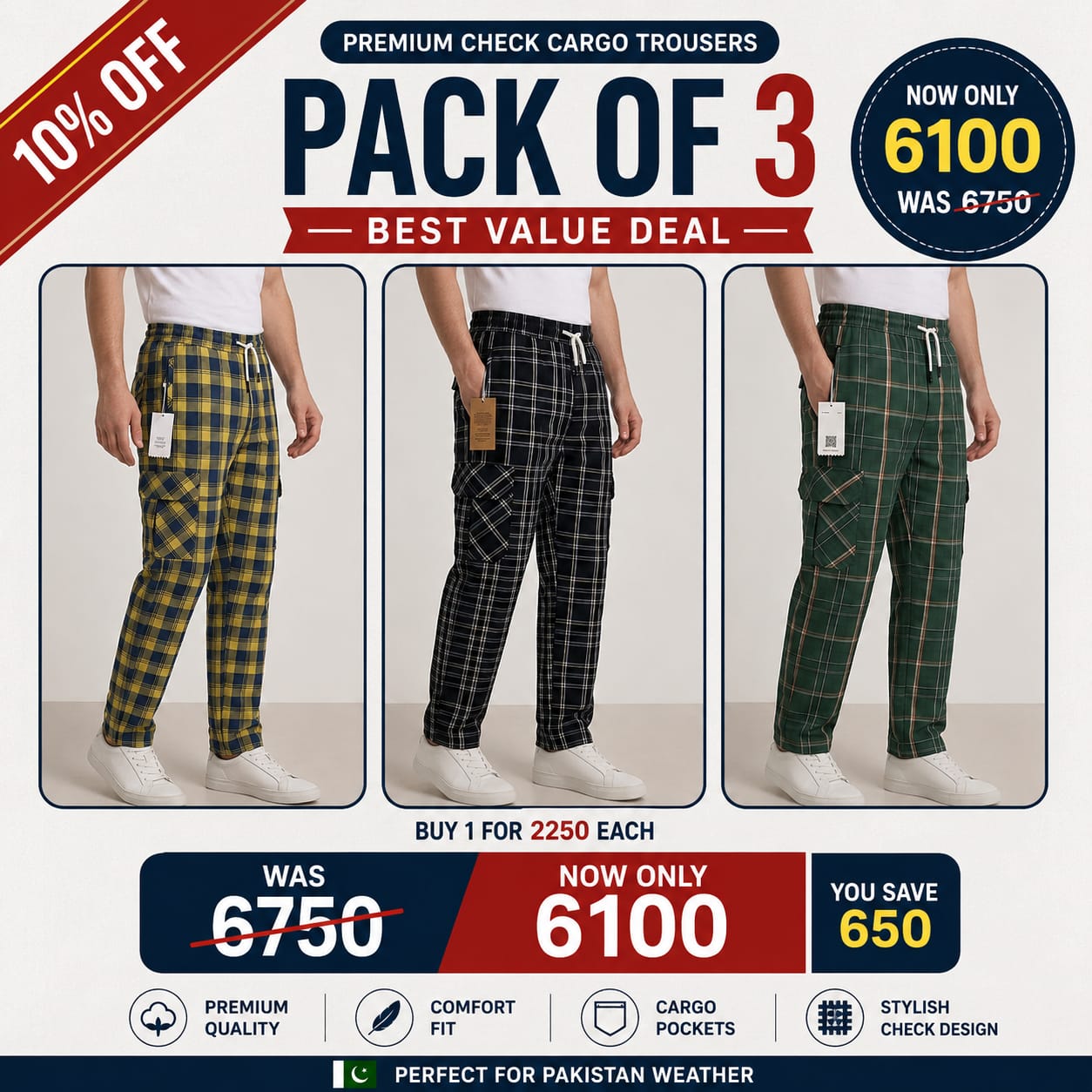 Pack of 3 Men's Premium Check Cargo Trousers Pakistan — Best Value | Mix &amp; Match Colors | COD Available