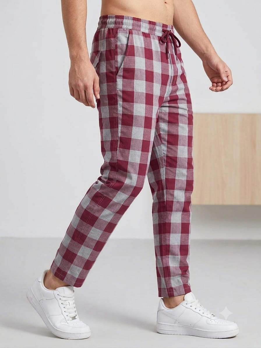 Men’s red Check Trousers – Slim Fit Cotton Style