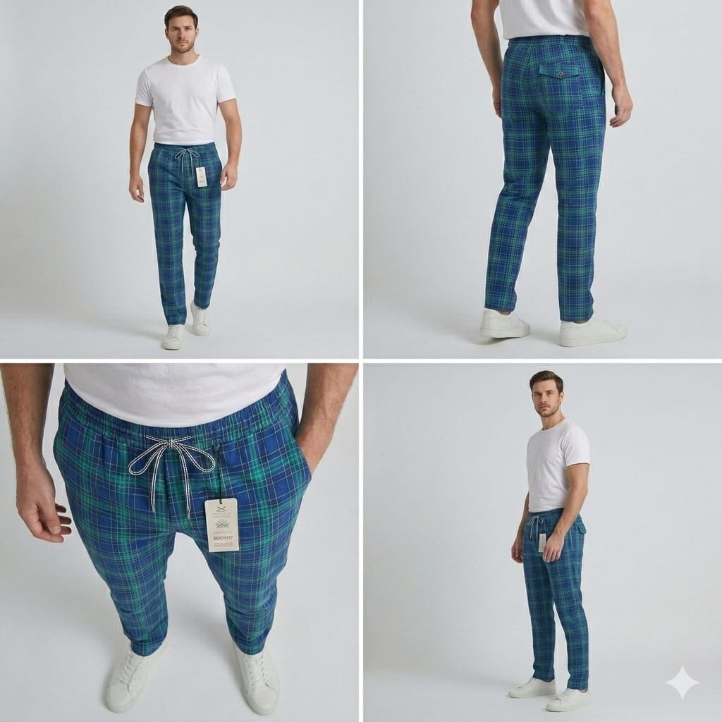 Men’s Blue Check Trousers – Slim Fit Cotton Style