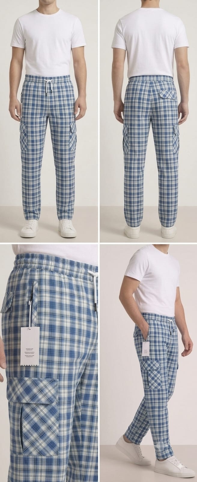 Men's Smart Fit Blue Check Cargo Trousers – Premium Cotton Slim Fit Emmoro