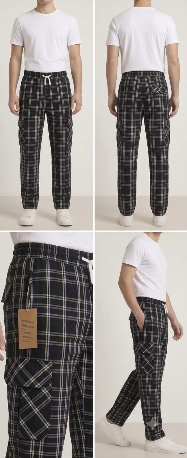 Men's Smart Fit Black Check Cargo Trousers – Premium Cotton Slim Fit
