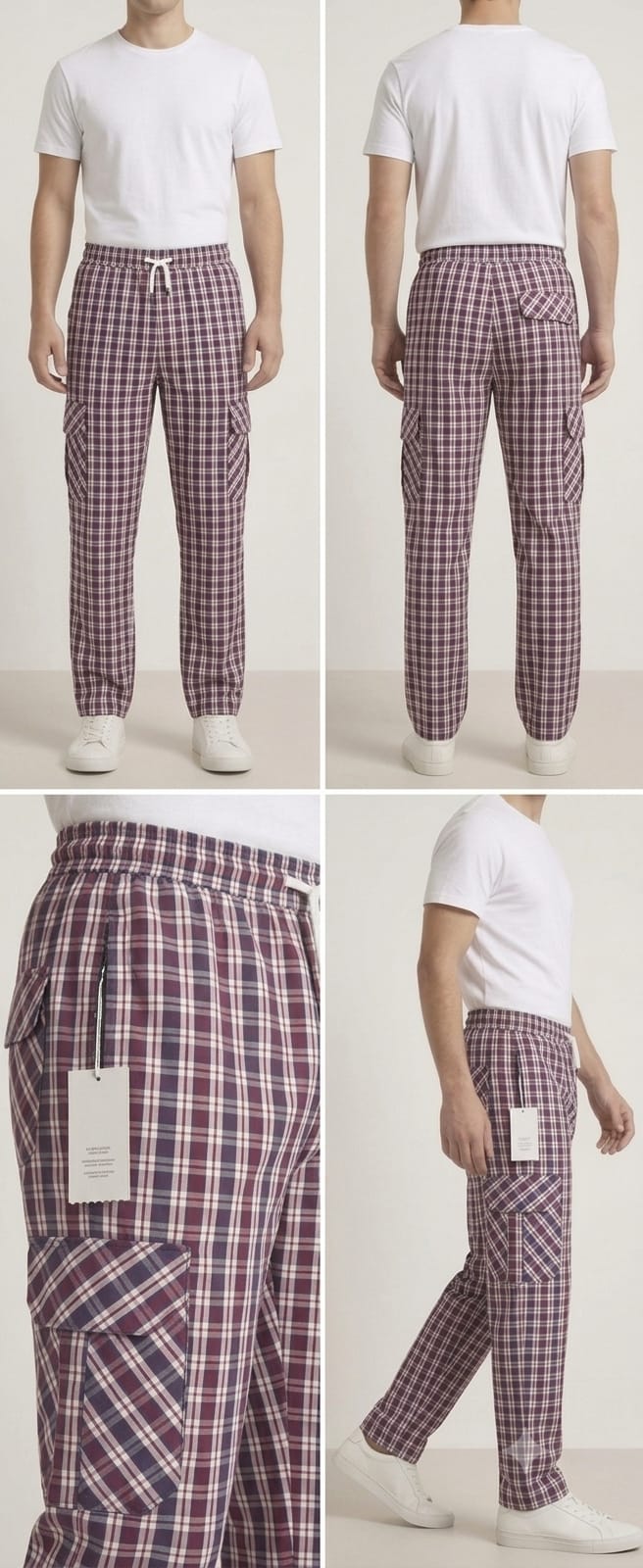 Men's Smart Fit Plaid Check Cargo Trousers – Premium Cotton Slim Fit