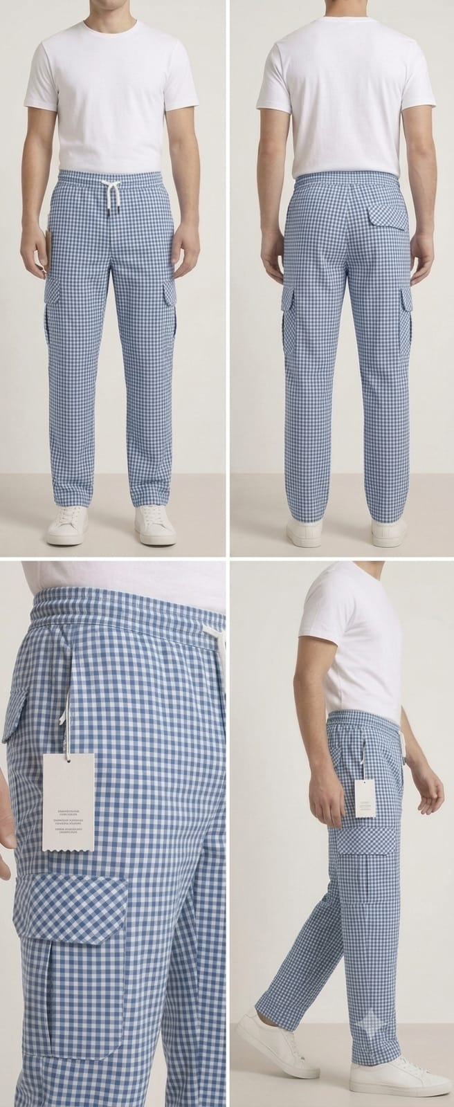 Men's Smart Fit Blue Check Cargo Trousers – Premium Cotton Slim Fit