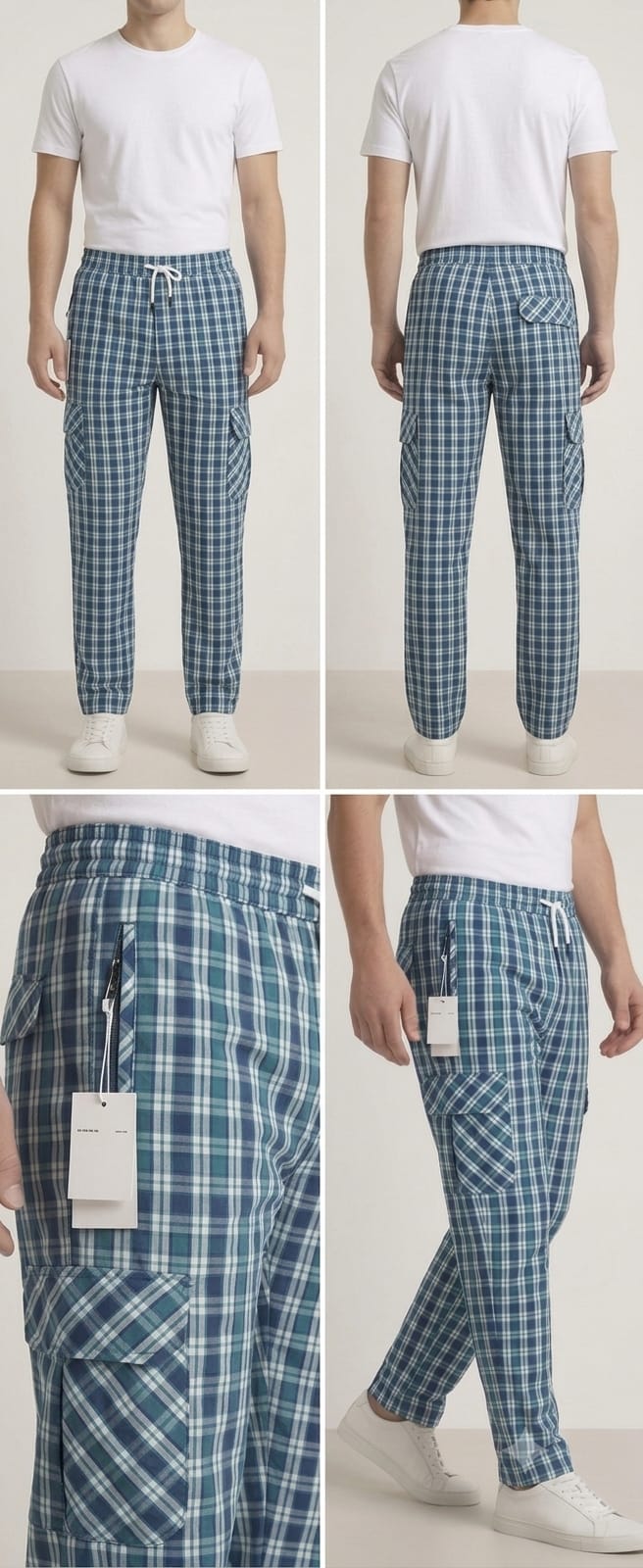 Men's Smart Fit Navy Check Cargo Trousers – Premium Cotton Slim Fit