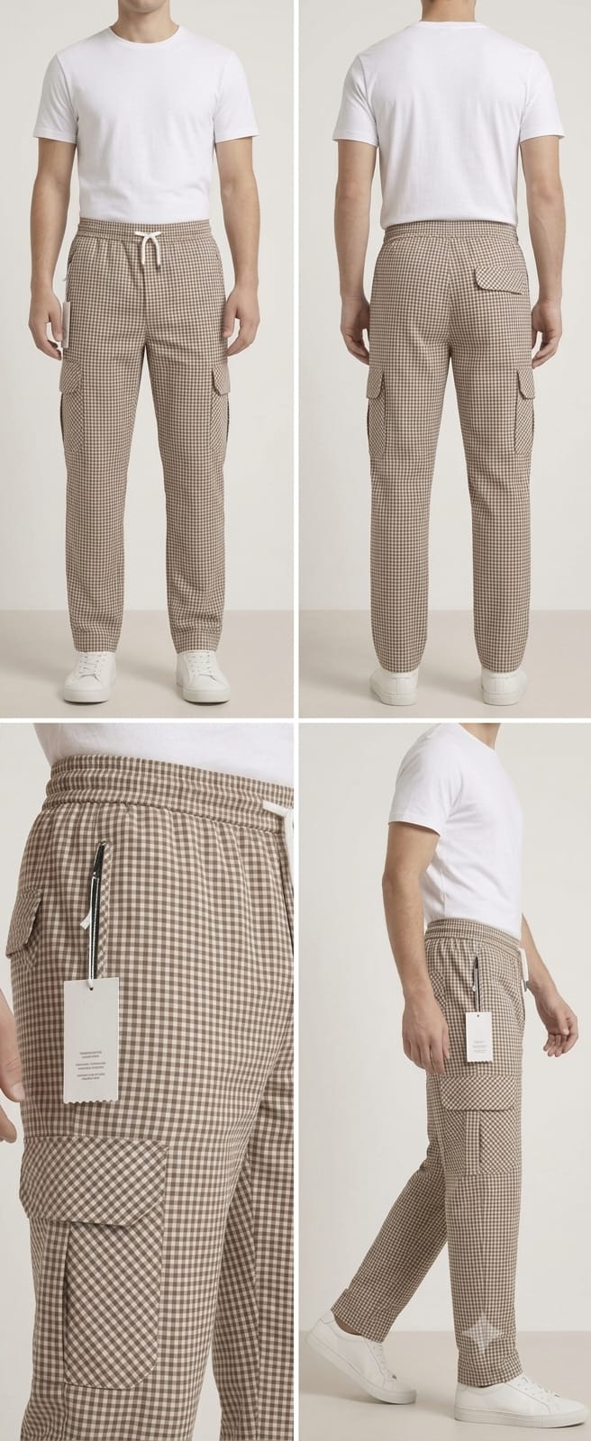 Men's Smart Fit Beige Check Cargo Trousers – Premium Cotton Slim Fit