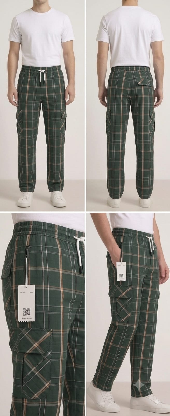 Men's Smart Fit Green Check Cargo Trousers – Premium Cotton Slim Fit