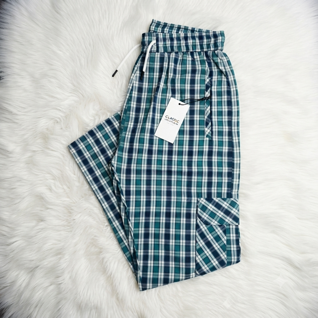 Men's Smart Fit Navy Check Cargo Trousers – Premium Cotton Slim Fit