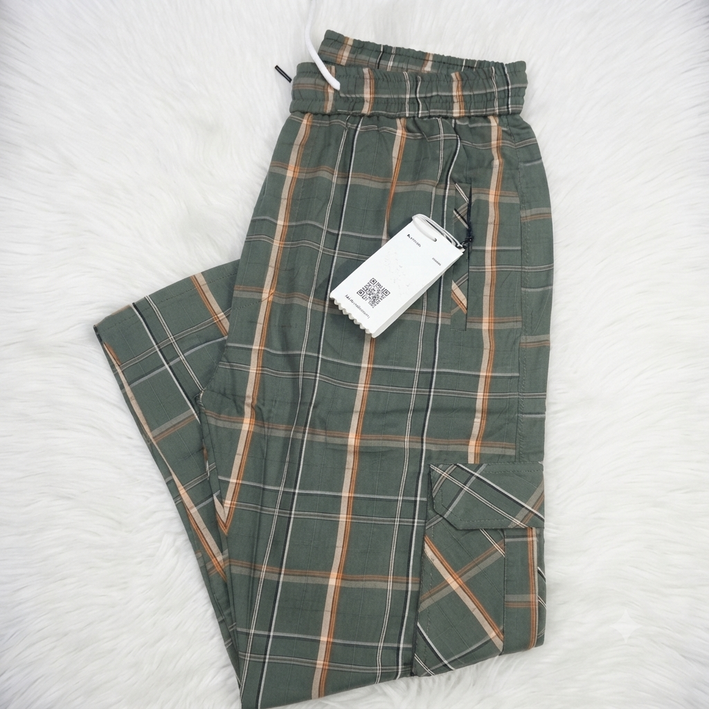 Men's Smart Fit Green Check Cargo Trousers – Premium Cotton Slim Fit