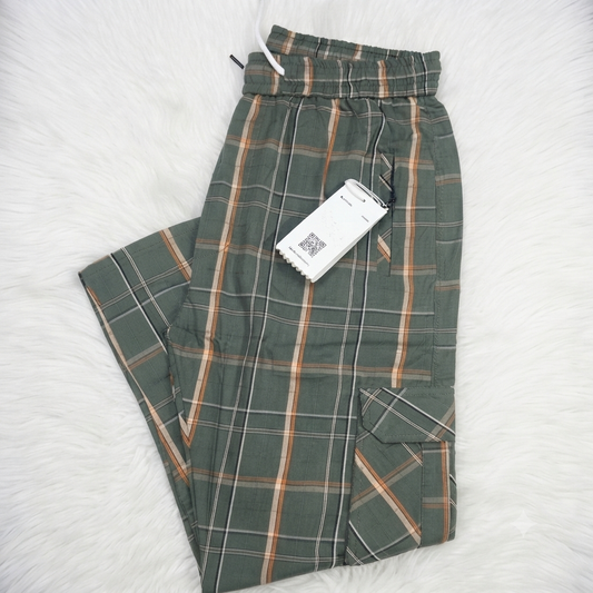 Men's Smart Fit Green Check Cargo Trousers – Premium Cotton Slim Fit