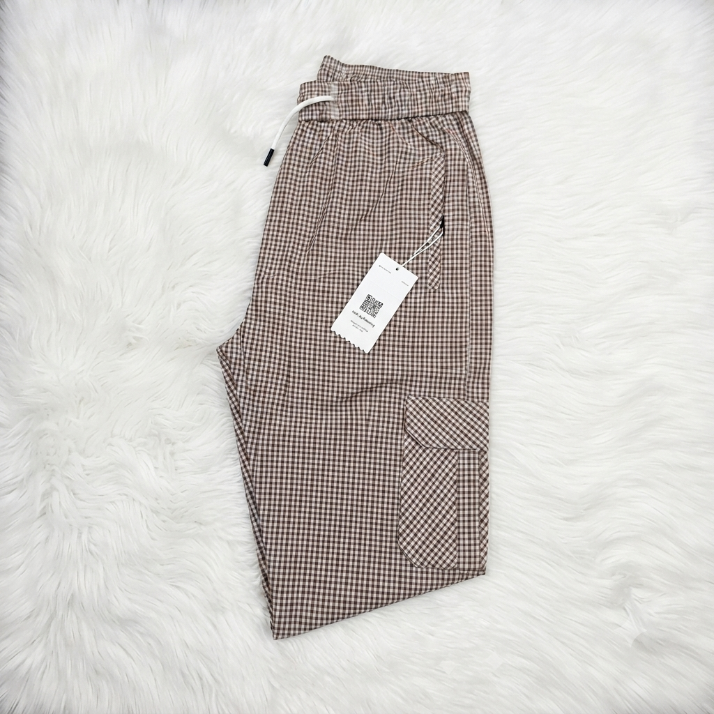 Men's Smart Fit Beige Check Cargo Trousers – Premium Cotton Slim Fit