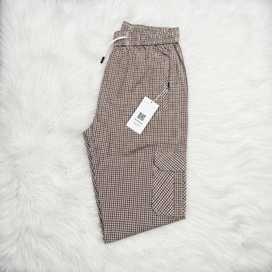 Men's Smart Fit Beige Check Cargo Trousers – Premium Cotton Slim Fit