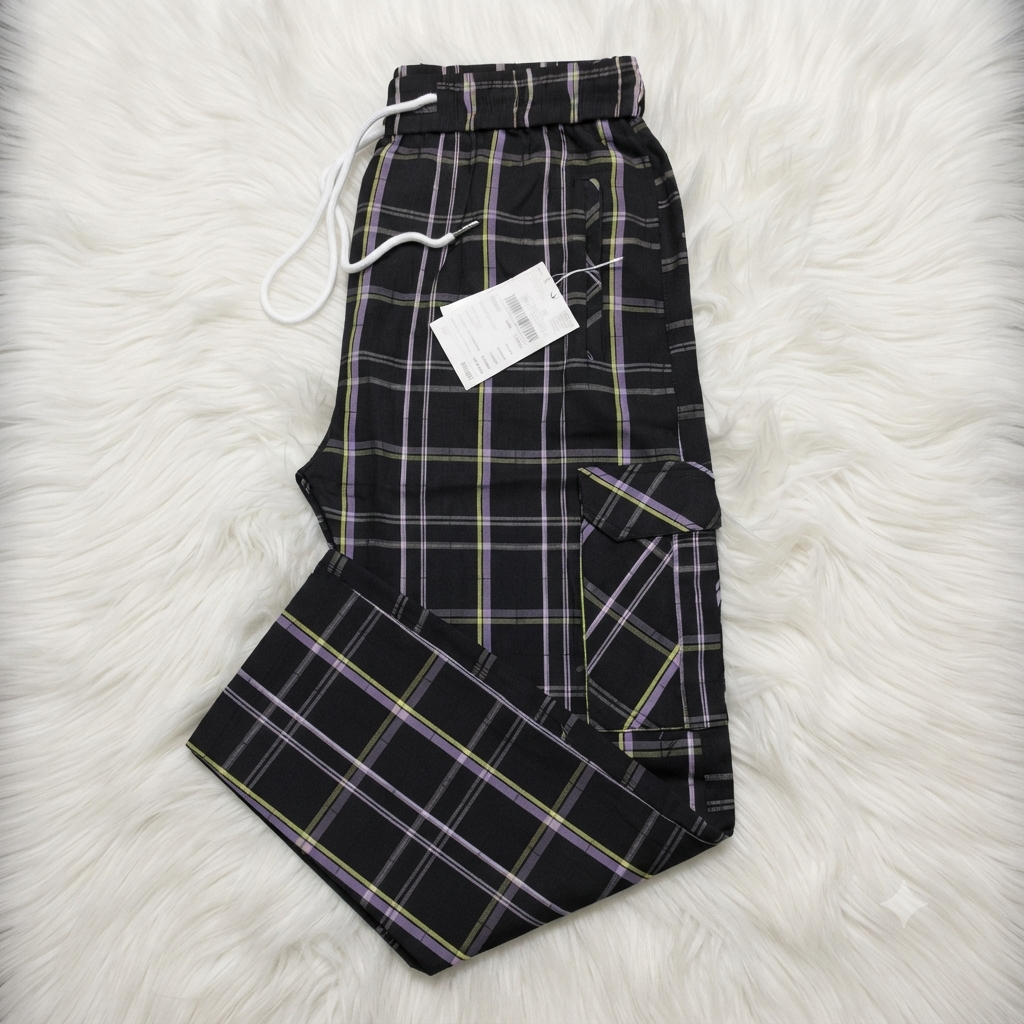 Men's Smart Fit Black Check Cargo Trousers – Premium Cotton Slim Fit